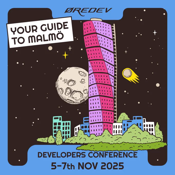 Illustration of Malmö's Turning Torso skyscraper with a moon, comet, and stars in a night sky, promoting the Øredev developers conference