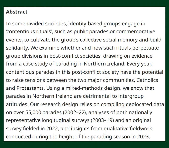 BJPolS abstract from a research study on the impact of public parades and communal rituals in post-conflict societies in Northern Ireland, focusing on mixed-methods research and longitudinal studies conducted between 2003 and 2022.
