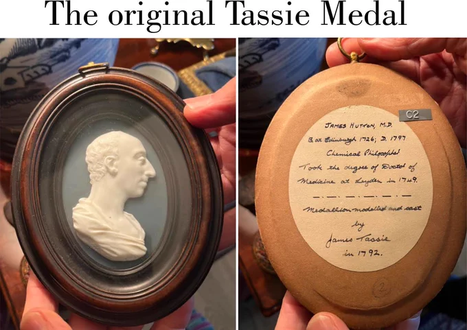 Photograph of the Tassie medal, featuring a white cameo of James Hutton, in profile, set on a blue background, mounted in an oval wooden frame. The right hand panel shows the reverse of the medal. Handwritten on it is: “ James Hutton M.D. (1726-1797), B Edinburgh 1726 D. 1797. Chemical Philosopher. Took the degree of Doctor of Medicine at Lyden in 1749. Medallion modelled and cast by James Cassie in 1792"