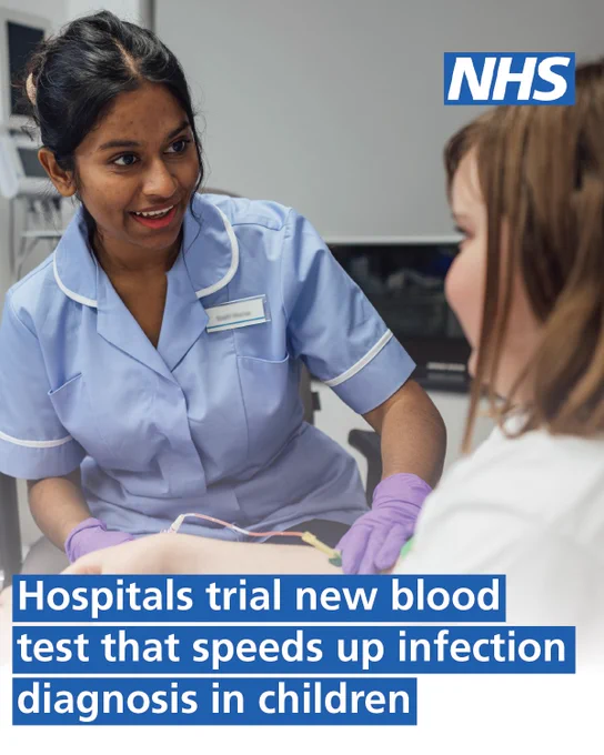 A nurse prepares to take blood from a young patient in a hospital setting. Text reads: Hospitals trial new blood test that speeds up infection diagnosis in children. NHS logo is in the top right corner.