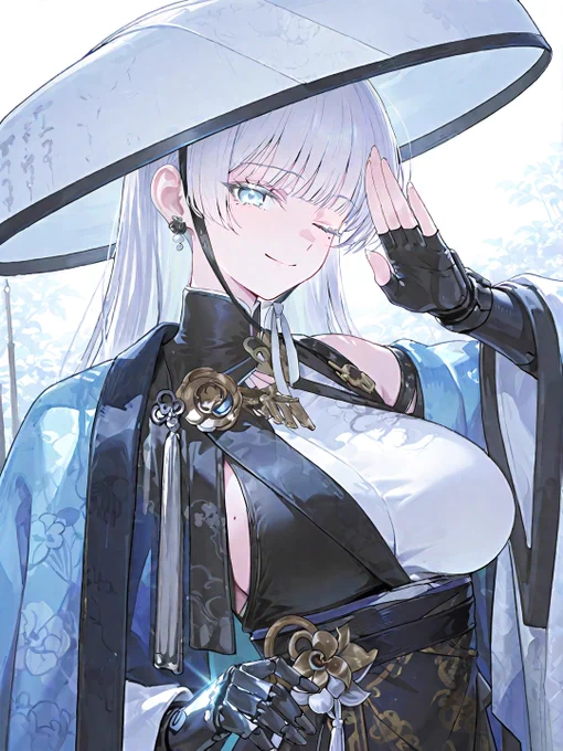 A anime-style character wearing a traditional and elegant outfit, standing in a serene outdoor setting. No sensitive or explicit content.