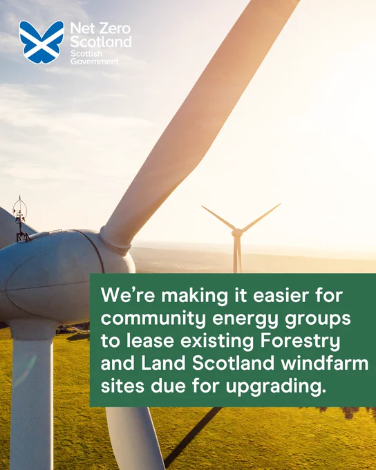 Photo of a windfarm in the sunset, with text over the top in a green box. 

"We’re making it easier for community energy groups to lease existing Forestry and Land Scotland windfarm sites due for upgrading. "