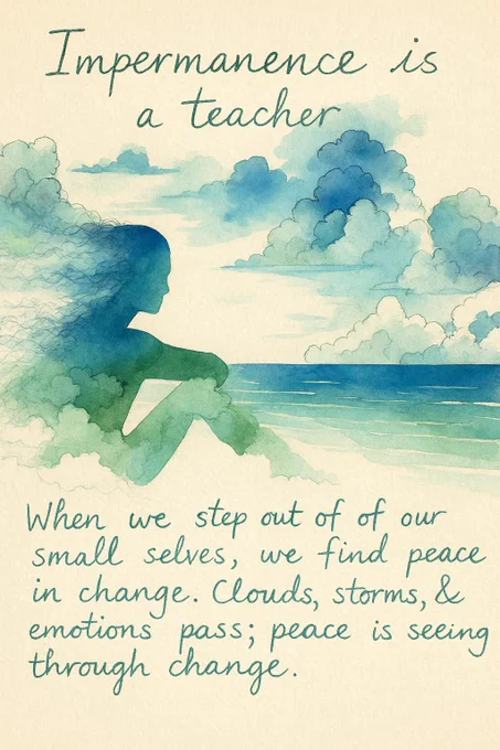 Watercolour artwork of a human figure made of clouds and ocean hues sitting by the sea, merging softly with the sky and water. Scribbled handwritten text reads: “Impermanence is a teacher. When we step out of our small selves, we find peace in change. Clouds, storms, & emotions pass; peace is seeing through change.”
This image was AI-generated (ChatGPT   DALLE   Human)