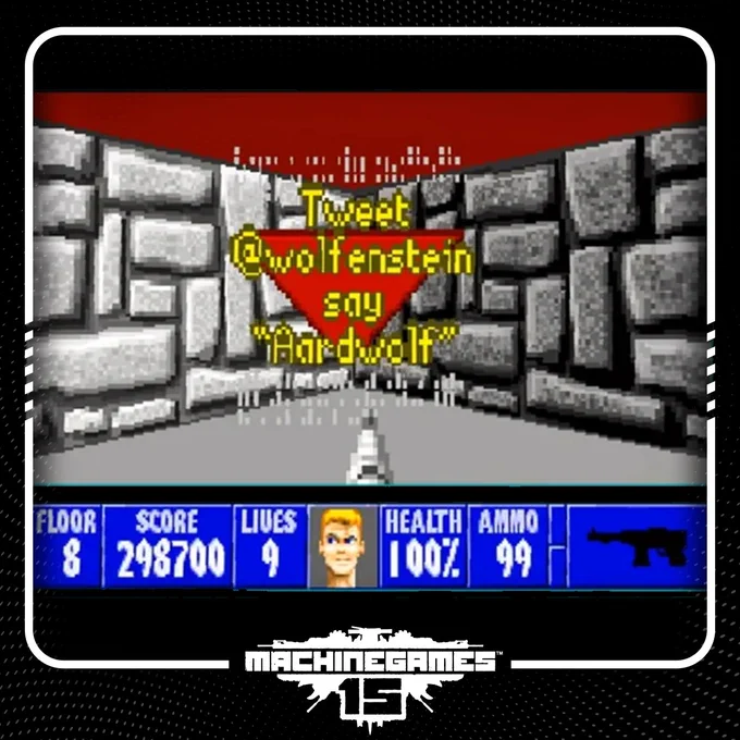 A screenshot from the Wolfstone mini-game with the in-game text: Tweet @wolfenstein say "Aardwolf"