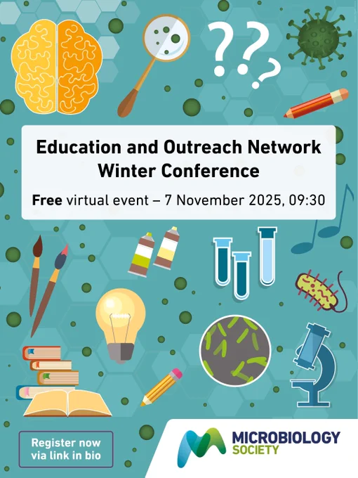 Illustration promoting the Education and Outreach Network Winter Conference, featuring scientific icons. The event will take place online on 7 November 2025 and is free to attend.