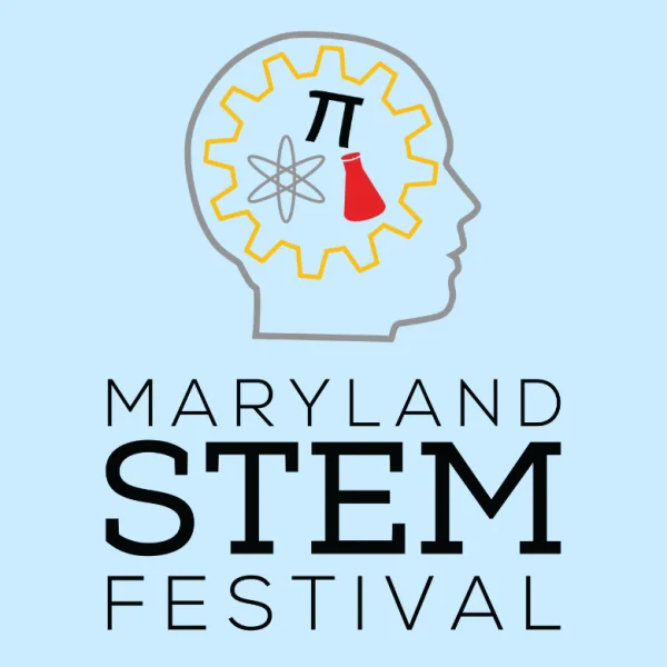 Logo of the Maryland STEM festival with an image of a head with a gear and scientific symbols within.
