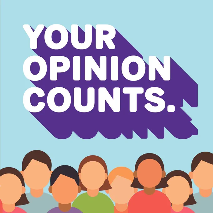 Text reads "Your Opinion Counts." The bottom of the image is lined with a diverse set of faces.

