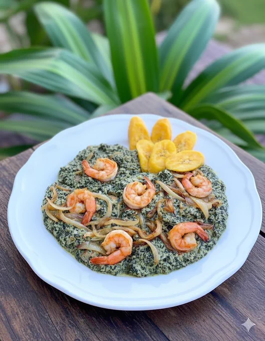 A close-up shot of a white ceramic plate filled with a dish, set on a dark wooden surface with a lush green, leafy plant in the background. The dish consists of a dark green, textured, pureed or cooked leafy vegetable base, possibly spinach or a similar green. Scattered over the green base are four peeled, cooked pink shrimp, positioned roughly in a circular pattern. In between the shrimp are caramelized or sautéed slices of yellow onion, adding a golden-brown color and glossy texture to the dish. On the upper right side of the plate, resting on the green base, are five slices of cooked plantain, which appear to be pan-fried or baked, exhibiting a vibrant yellow color. The white plate has a slightly scalloped or embossed rim, reflecting soft light.

The wooden surface underneath the plate is dark brown and appears to be made of planks. The background is slightly blurred (shallow depth of field).