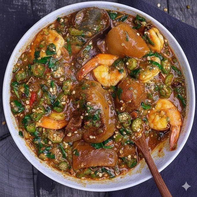 A close-up, overhead shot features a white ceramic bowl filled with a hearty stew, likely a African dish such as Okra soup or "Okra and Seafood Gumbo," set on a dark, rustic wooden surface partially covered by a dark blue or black cloth napkin.
The stew is thick and rich, characterized by a deep reddish-brown, slightly oily base (suggesting palm oil use) and is heavily laden with ingredients. The most prominent vegetable is sliced okra, which is vibrant green and dispersed throughout the mixture, contributing a slightly slimy texture characteristic of the soup.
Visible protein sources include several large, peeled shrimp with pink and orange tails curled in the soup. There are also large, irregularly shaped pieces of brown meat or seafood possibly dried fish, assorted meat chunks, or cowhide (ponmo), which appear dark brown & gelatinous. Additionally, chunks of what appears to be boiled plantain or yam are present, distinguishable by their lighter brown, smooth surface, oval shape.