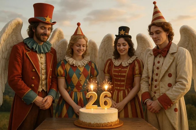 Angel Solutions is 26 today
A group of Guardian Angels dressed in circus themed outfits standing around a birthday cake.
the cake has sparklers on top representing the number 26