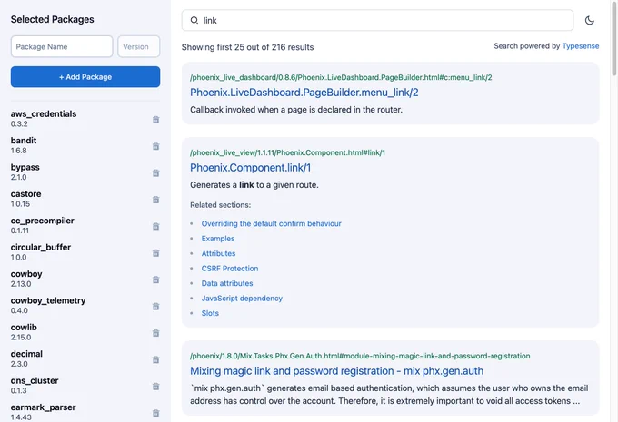 Search results for Livebook after running `mix hex.search`.