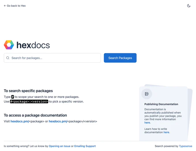 New Hexdocs.pm home page.