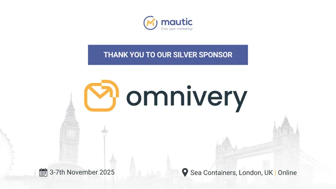 Image shows a promotional graphic thanking the silver sponsor, Omnivery, for an event hosted by Mautic. It includes event details: dates (3rd-7th November 2025), location (Sea Containers, London, UK), and online participation. A faint background features iconic London landmarks.