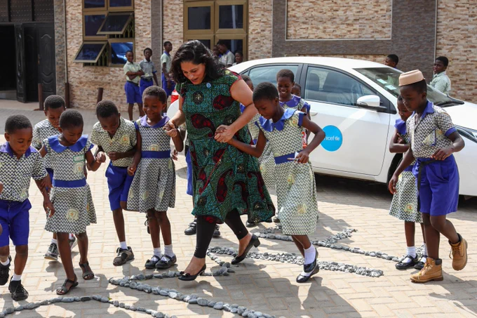 Dr Pia Rebello Britto, Global Director, Education and Adolescent Development, UNICEF, plays with the students.