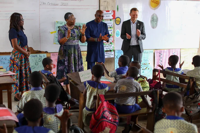 Hon. Conrad Sackey, the Minister of Basic and Senior Secondary Education in Sierra Leone, Anders Holm, CEO of the Hempel Foundation, and Dr. Oby Ezekwesili, Founder and CEO of Human Capital Africa, interacts with the students.