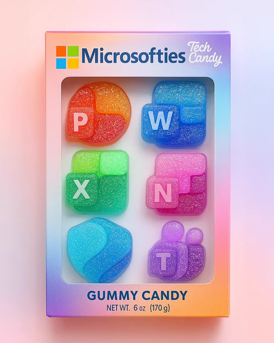 A colorful box of "Microsofties Tech Candy" gummy candies shaped like Microsoft app icons, including Word