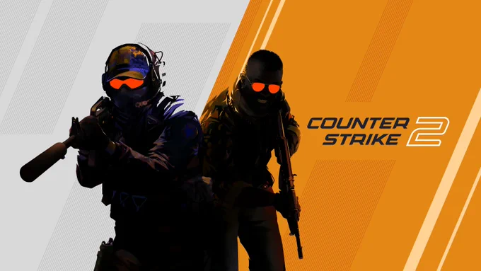 Counter-Strike 2 artwork. Two  heavily equipped special forces soldiers creep forward against a backdrop of orange and white.