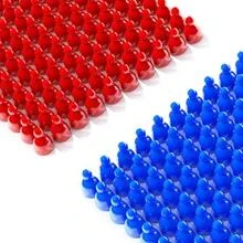 Rows of red and blue pawns facing off on a white table