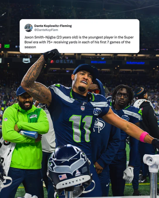 Jaxon Smith-Njigba (23 years old) is the youngest player in the Super Bowl era with 75  receiving yards in each of his first 7 games of the season