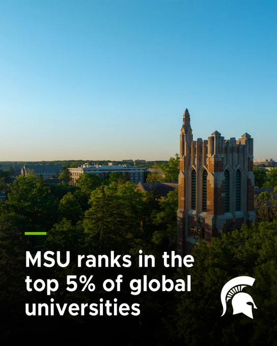 A view of the Michigan State University campus with Beaumont Tower. Text overlay reads, "MSU ranks in the top 5% of global universities." The MSU Spartan helmet logo is at the bottom right.