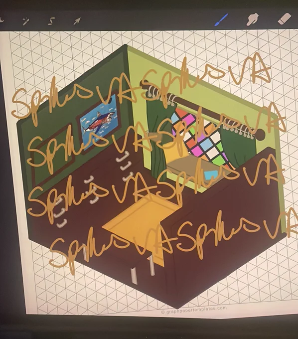 An isometric drawing of a room with a dark wood floor and green walls. In one wall is a resessed window seat where the window is rainbow stain glass. The curtains are dark green and one wall has a near ceiling high bookcase with a waist high chest of draws opposite. Opposite the window seat is a dark wood desk. The center of the floor had a mustard yellow rug. On the wall above the chest of draws are two picture frames one contains a shark diagram.