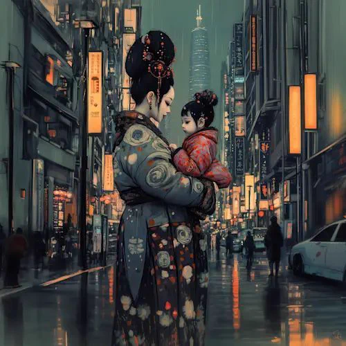In a rain-slicked cyberpunk alley at dusk, a young woman in a flowing blue kimono with intricate red floral patterns cradles her infant daughter—bundled in a cozy red coat—against her chest. Neon signs in pinks, greens, and yellows glow from towering skyscrapers, casting vibrant reflections on wet pavement amid blurred pedestrians and a distant white car. Evocative of maternal protection in a futuristic urban haze, by surreal artist @duckylemon
.

