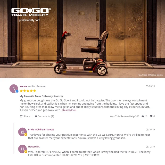 A promotional image featuring a GO GO Sport mobility scooter by Pride Mobility, parked indoors against a textured wall with decorative panels.