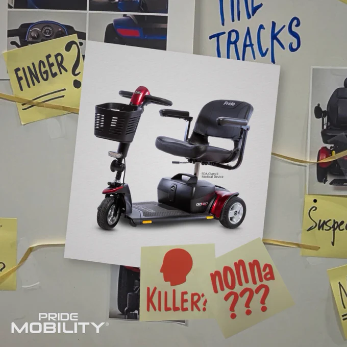 An image of a Pride Mobility electric scooter displayed with various notes and icons pinned on a board in the background.