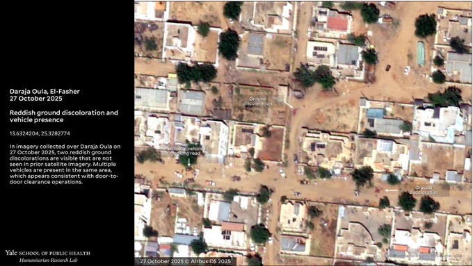 Daraja Oula, El-Fasher 27 October 2025

Reddish ground discoloration and vehicle presence

Copyright: Satellite Imagery 27 October 2025 ©️Airbus DS 2025. Analysis conducted by Yale Humanitarian Research Lab

13.6324204, 25.3282774 

In imagery collected over Daraja Oula on 27 October 2025, two reddish ground discolorations are visible that are not seen in prior satellite imagery. Multiple vehicles are present in the same area, which appears consistent with door-to-door clearance operations.