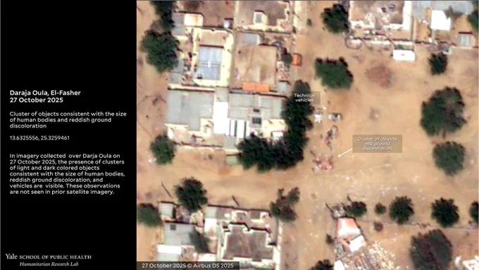 Daraja Oula, El-Fasher27 October 2025

Cluster of objects consistent with the size of human bodies and reddish ground discoloration

Copyright: Satellite Imagery 27 October 2025 ©️Airbus DS 2025. Analysis conducted by Yale Humanitarian Research Lab

13.6325556, 25.3259461 

In imagery collected  over Darja Oula on 27 October 2025, the presence of clusters of light and dark colored objects consistent with the size of human bodies, reddish ground discoloration, and vehicles are  visible. These observations are not seen in prior satellite imagery.