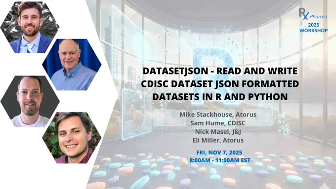 Join us for an engaging workshop designed to introduce Dataset-JSON, a powerful format for sharing datasets. We'll start with an environment setup and explore the motivation behind choosing Dataset-JSON over other formats like Parquet. The session will include a detailed walkthrough of the Dataset-JSON specification, followed by
hands-on demonstrations and exercises in both R and Python.



Discover how to implement Dataset-JSON in your workflows, learn about upcoming adoption plans, and explore future roadmap and API integrations. This workshop is perfect for data professionals interested in improving dataset interoperability and sharing standards.