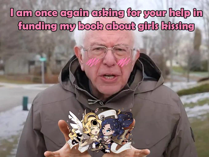 A cute version of Bernie Sanders is begging the reader to help fund our Kickstarter called Knight in the Woods. He is holding a chibi version of the lead characters from Knight in the Woods, and is blushing over how cute they are. The text above him reads "I am once again asking for your help in funding my book about girls kissing"