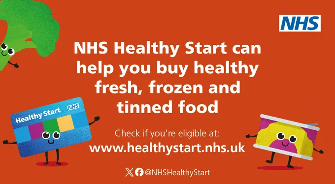 NHS Healthy Start featuring playful cartoon characters of fruits and a food package. The message states that NHS Healthy Start can help individuals buy healthy fresh, frozen, and tinned food, with a website link for eligibility details.