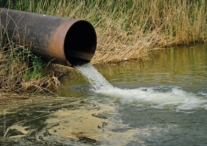 Rusty metal pipe discharging clear water into a natural pond surrounded by tall dry grass and reeds.