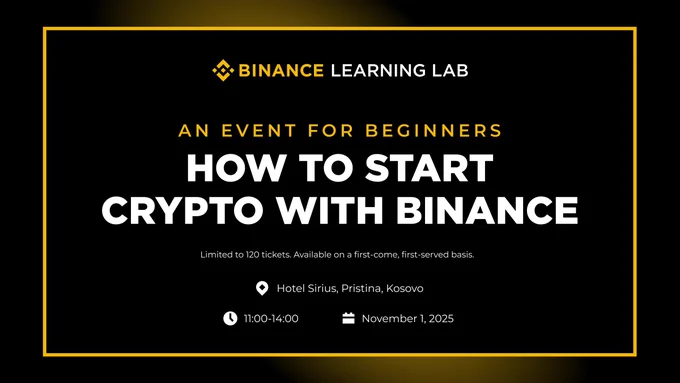 A promotional flyer for the Binance Learning Lab event in Prishtina. The design features the Binance colors (black and yellow) with the title “Binance Learning Lab” at the top. Below it, details include the date November 1st in Prishtina, Kosovo, along with a short invitation to learn about crypto and blockchain. The flyer lists the event agenda, speakers, and schedule times, and highlights that the workshop is free but requires registration. Logos, icons, and clean layout emphasize education, community, and accessibility.