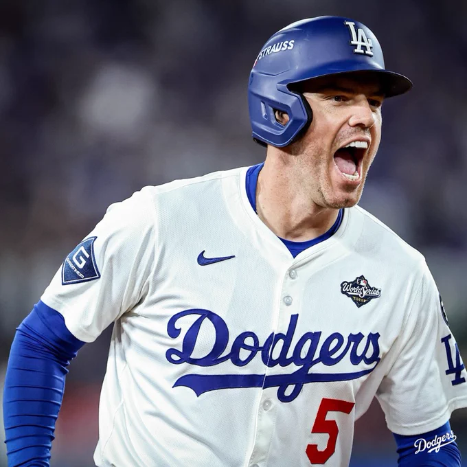 A photo of Freddie Freeman yelling after hitting a walk-off home run in the 18th inning.