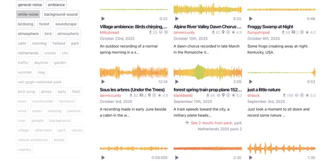 View of Web interface of freesound with tags, titles, orange-and-green waveform previews, etc.