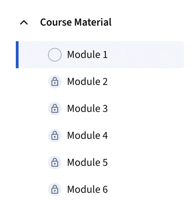 side bar from coursera website. Shows a list a of modules from 1 to 6 with only the first module accessible. The rest have padlocks.