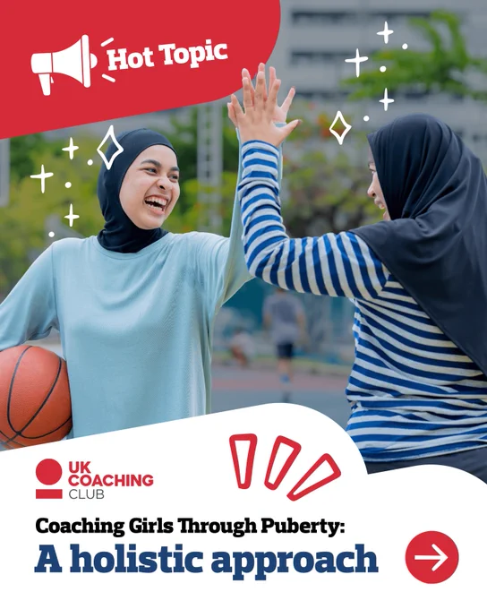 Two individuals in athletic wear high-fiving on a basketball court, one holding a basketball, with 'Hot Topic' text overhead and UK Coaching Club logo at the bottom, emphasizing a holistic approach.