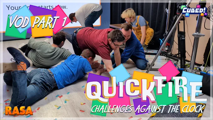 The thumbnail for the first part of the Quickfire VOD. The show's logo, reading "Quickfire Challenges Against The Clock" is in the bottom right, with similarly styled text in the top left reading "VOD Part 1". The top right has the Cubed! logo, and the bottom left has the RASA Studios logo. In the background, the contestants from the show can be seen in the middle of trying to pick up as many playing cards off the floor as they can.