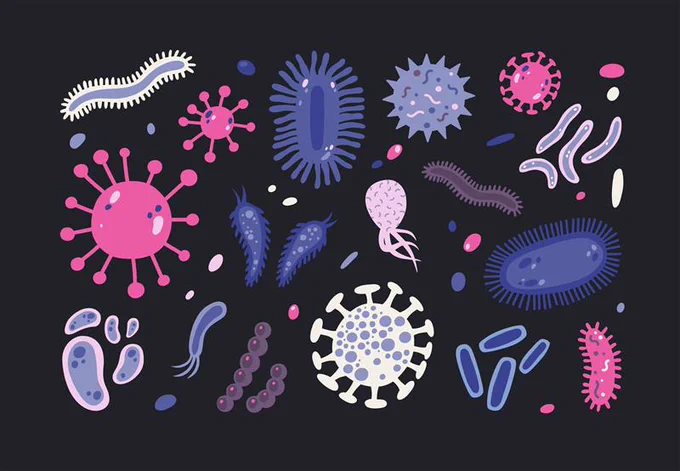 Bundle of infectious microorganisms isolated on black background. Set of harmful microscopic germs, pathogens. All microbes are drawn in a doodling kind of style with various warm pink, purple, and cream shades.