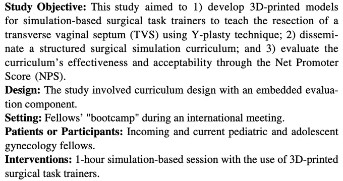 Screenshot of the linked oral presentation report by Dumont et al. (2025).  

Dumont T et al. Resection of a Transverse Vaginal Septum: Improving Fellows’ Experience Via 3D-Printed Simulation Models. Journal of Minimally Invasive Gynecology. 2025;32(11):S61 