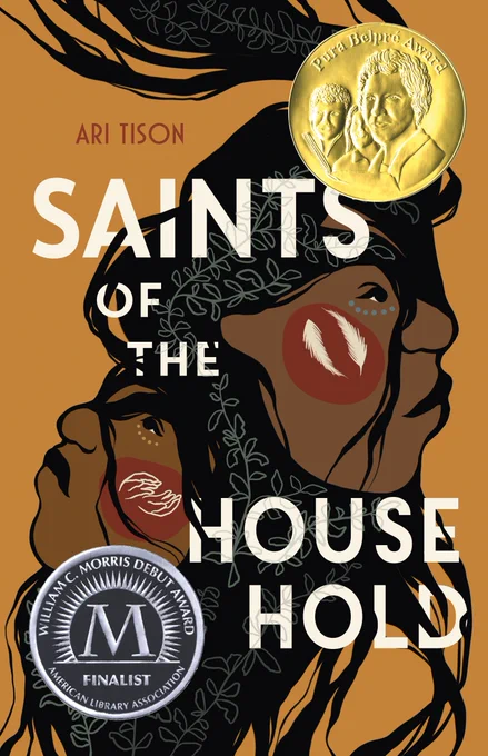 Book cover of "Saints of the Houeshold" by Ari Tison. Two awards stickers are on the cover. With a burnt orange background, two faces emerge from black hair and vines.