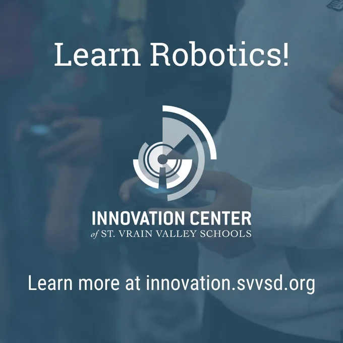 A blue graphic with robotics controller in the background with text that reads, "Learn Robotics! Learn more at innovation.svvsd.org" with a white SVVSD Innovation Center logo