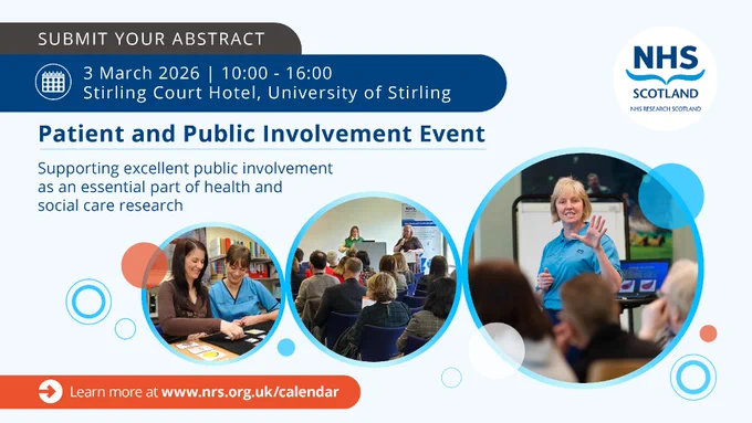 Promotional banner for the NHS Research Scotland Patient and Public Involvement Event on 3rd March 2026 at Stirling Court Hotel, University of Stirling from 10:00 to 16:00. Features the NHS Research Scotland logo and photographs showing a speaker addressing an audience and a person smiling at the camera. A link to more information is provided, www.nrs.org.uk/calendar.