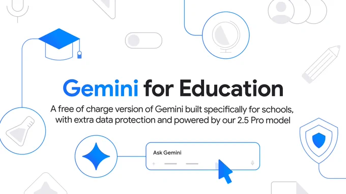 A graphic with icons and text that says: "Gemini for Education. A free of charge version of Gemini built specifically for schools, with extra data protection and powered by our 2.5 Pro model."