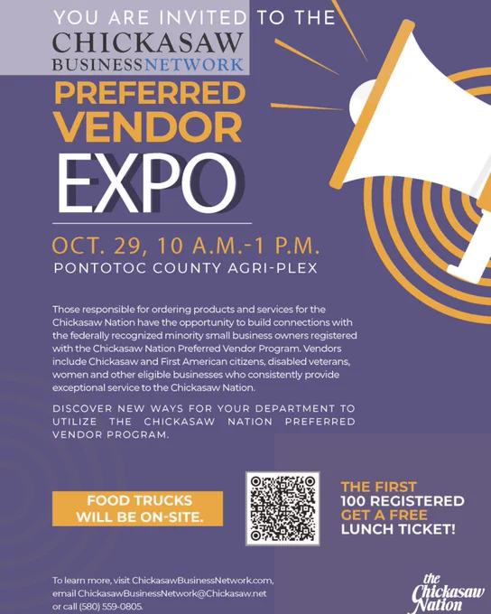 📢 Join us at the Chickasaw Nation Preferred Vendor Expo in Ada.

📍 Pontotoc County Agri-Plex
⏰ Oct 29 | 10:00 am – 1:00 pm

OCAST will have a booth at the event. Stop by and learn how our programs and resources support small business growth and innovation across Oklahoma.

Register here  https://loom.ly/ejHrfTI