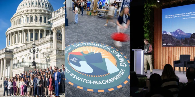 Collage of four images: 1) The United States Capitol Building under a blue sky. 2) A group of people posing for a photo outside. 3) A promotional floor sticker for Switchback Spring at a busy indoor event. 4) A person presenting at a conference with a nature slide backdrop.
