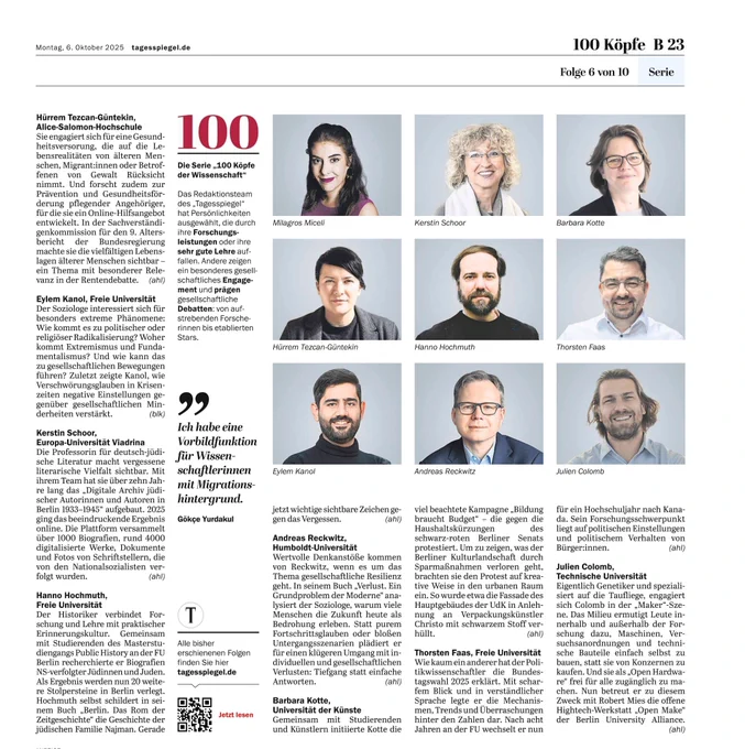 page of the German newspaper Tagesspiegel where Milagros Miceli is feature among other scientists from Berlin