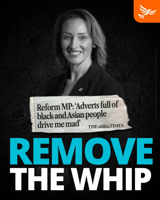 Photo of Sarah Pochin MP captioned 'remove the whip', overlaid with the Times' headline: Reform MP: ‘Adverts full of black and Asian people drive me mad’